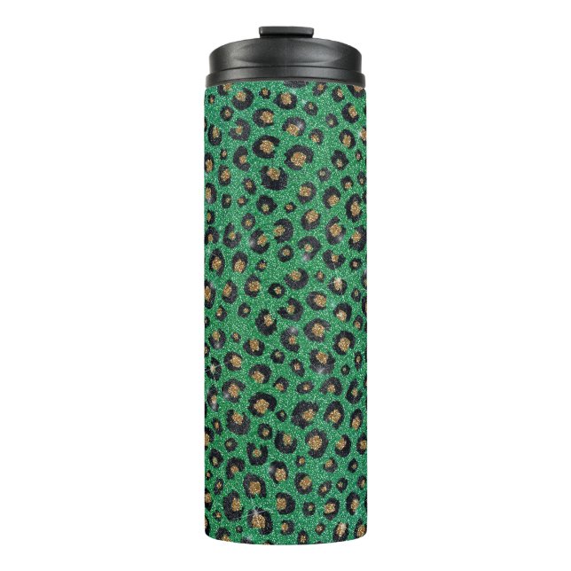 Termo Elegante Purpurina Verde Leopardo de oro negro (Anverso)