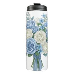 Termo Elegante ramo floral azul y blanco acuarela B
