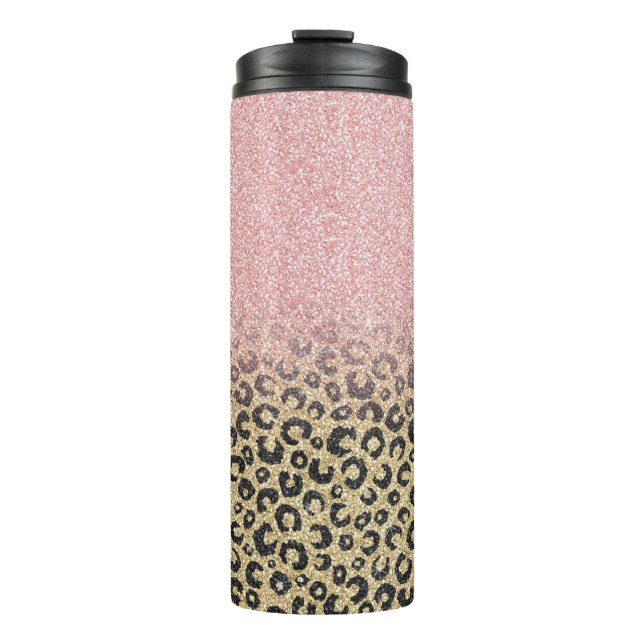 Termo Elegante Rosa Purpurina dorado Leopardo negro (Anverso)