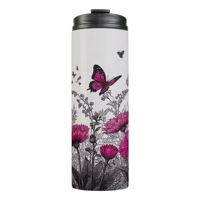 Termo Elegante Tumbler térmico con flores rosadas (Anverso)