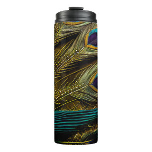 Termo Elegantes Plumas de Pavo Real Abstractas Azul Teal