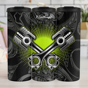 Termo Emblema mecánico industrial de pistones cruzados