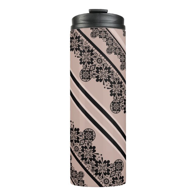 Termo encaje negro, calado, fondo marrón, beige, bla (Anverso)