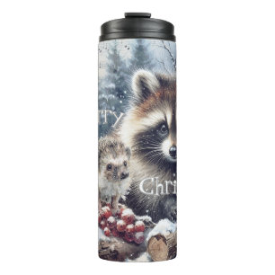 Termo Erizo Mapache De Navidad Invernal Bosque