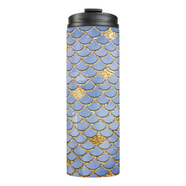Termo Escamas de sirena de brillo azul y dorado (Anverso)