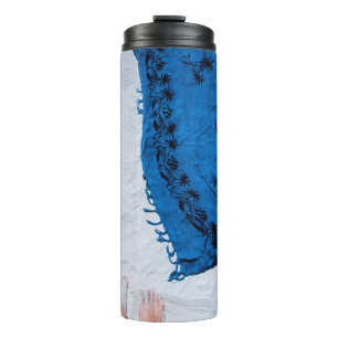 Termo Escarcha floral azul y negra sobre arena blanca