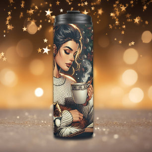 Termo Escena acogedora   Mujer bebiendo cacao con gato