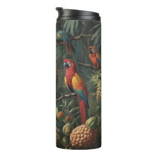 Termo Escena botánica de loros y piñas