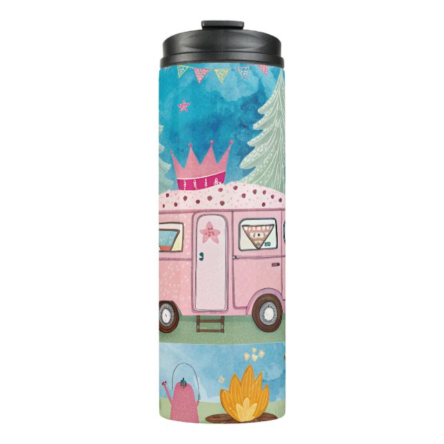 Termo Escena de camping de furgoneta rosa caprichosa (Anverso)