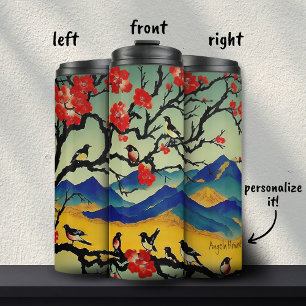 Termo Escena de naturaleza al acuarela japonesa con aves