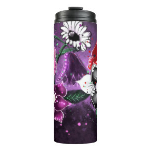 Termo Espectacular floral morado negro rosado margarita