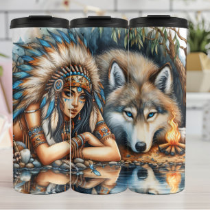 Termo Espíritu de acuarela nativa: Mujer, lobo, fuego.