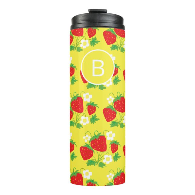 Termo Estampado Amarillo de Fresa y Flor Monogramado (Anverso)