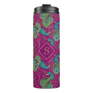 Termo Estampado de pavo real en rosa real fucsia con mon