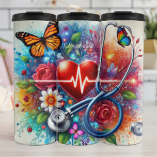 Termo Estetoscopio Corazón Mariposa Colorido Enfermera
