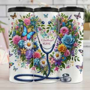 Termo Estetoscopio de mariposa floral enfermera corazón