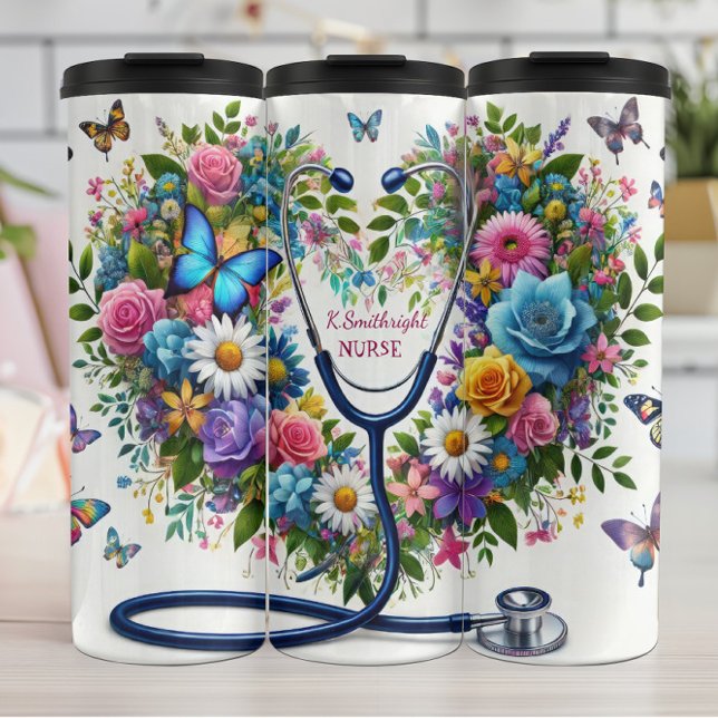 Termo Estetoscopio de mariposa floral enfermera corazón (Subido por el creador)