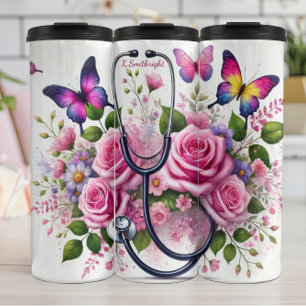 Termo Estetoscopio Rosas Mariposas Enfermera Elegante