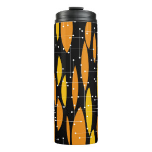 Termo Estilo atómico, patrón geométrico naranja negro.