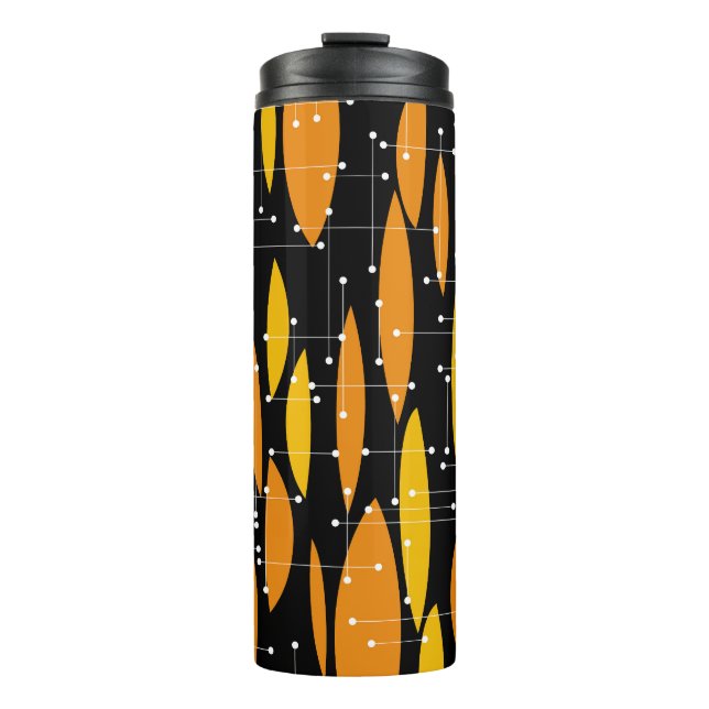 Termo Estilo atómico, patrón geométrico naranja negro. (Anverso)