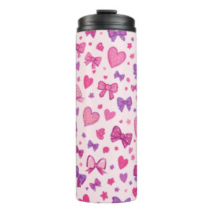 Termo Estilo Coquette Rosa Morado Lazo y Corazón Patrón