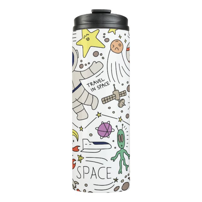 Termo Estilo Doodle, ilustracion temático espacial. (Anverso)