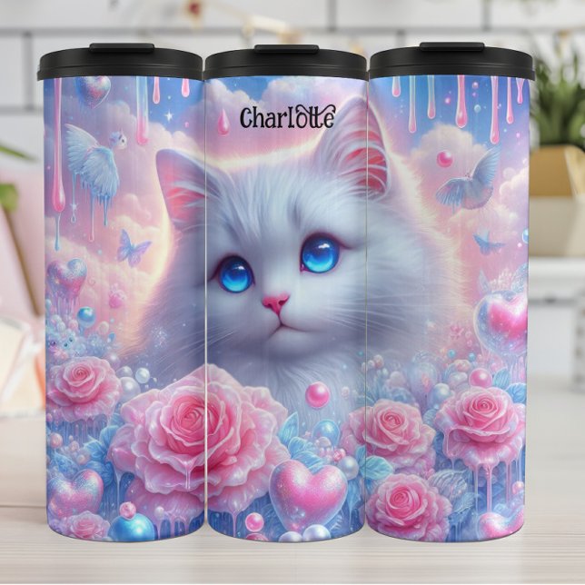Termo Ethereal Kitty: Rosas, sueños, ojos azules (Subido por el creador)
