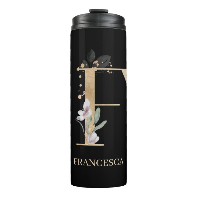 Termo F Monograma Floral Tumbler Termal Personalizado (Anverso)