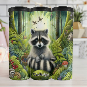 Termo Familia Raccoon en el bosque Sunlit