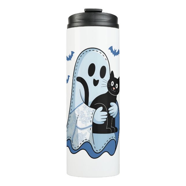 Termo Fantasma de Denim Azul y Gato de Halloween (Anverso)