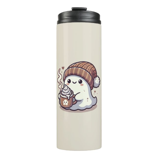 Termo Fantasma de Halloween en otoño en Beanie y cacao c (Anverso)