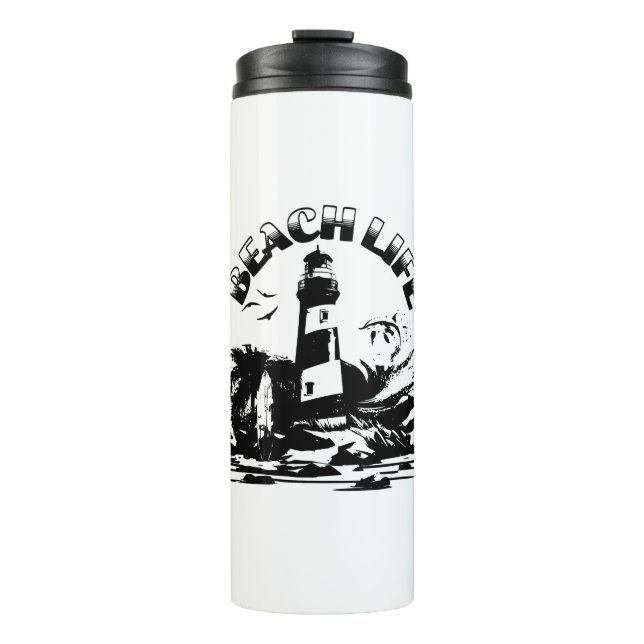 Termo Faro de playa en blanco y negro vida (Anverso)