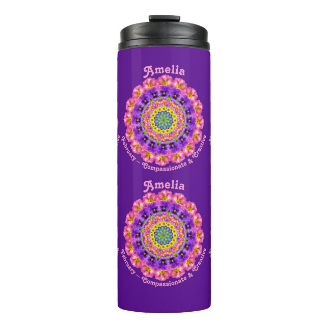 Termo Febrero Mes de Nacimiento Flores Personalizado Man (Anverso)