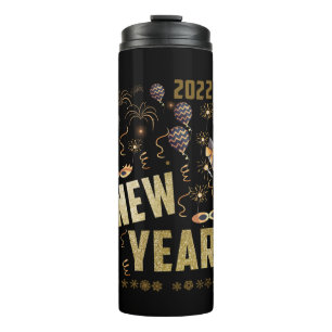 Termo Feliz Año Nuevo 2022, Dorado Brillante Festivo Vac