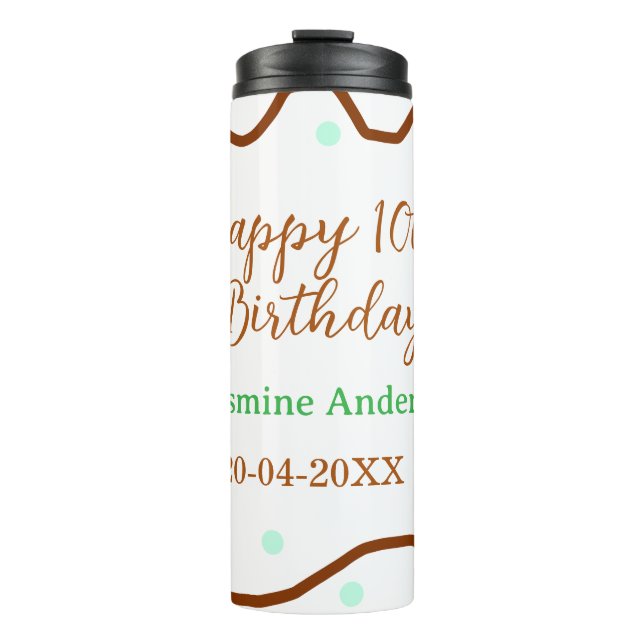 Termo Feliz cumpleaños 10 verde pastel marrón borde span (Anverso)