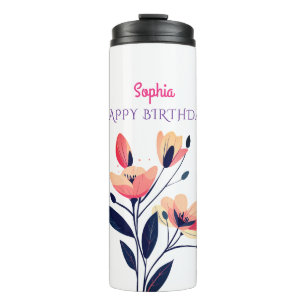 Termo Feliz cumpleaños, nombre, flores en blanco