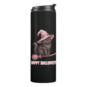 Termo Feliz Halloween Pinkoween Gato Bruja Negro Vintage