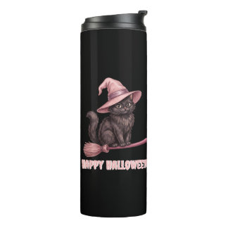 Termo Feliz Halloween Pinkoween Gato Bruja Negro Vintage