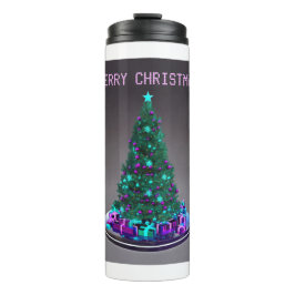 Termo Feliz Navidad. Árbol decorado con regalos