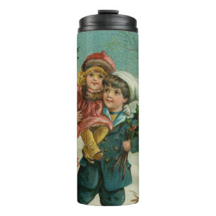 Termo Feliz Navidad - tarjeta postal retro, niños, acebo