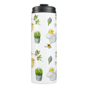 Termo Feliz polluelo de Pascua y flores de primavera