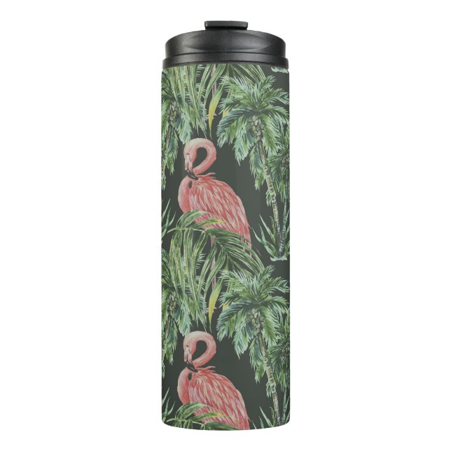 Termo Flamencos rosados, patrón de cosecha tropical. (Anverso)