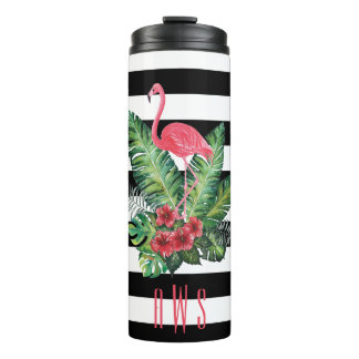 Termo Flamingo de acuarela tropical y rayas de flores