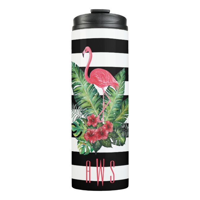 Termo Flamingo de acuarela tropical y rayas de flores (Anverso)