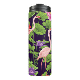 Termo Flamingo, plantas tropicales, fondo negro.
