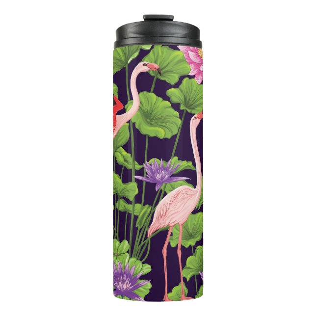 Termo Flamingo, plantas tropicales, fondo negro. (Anverso)