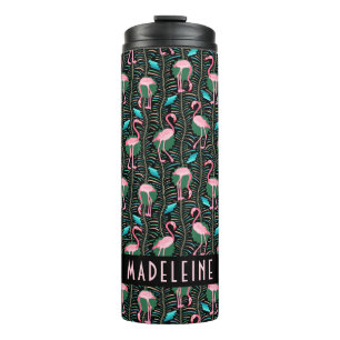 Termo Flamingo Tropical Cute Negro Patrón Rosa Personali