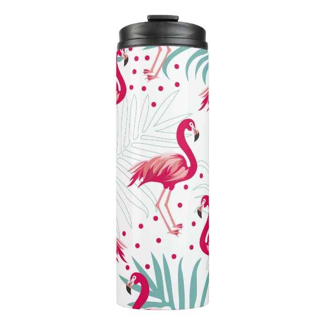 Termo Flamingo y hojas tropicales, patrón de verano. (Anverso)
