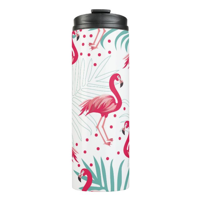 Termo Flamingo y hojas tropicales, patrón de verano. (Anverso)