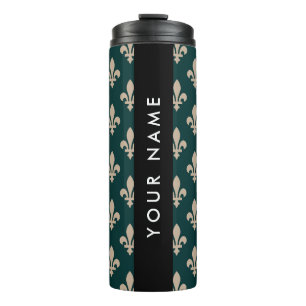 Termo Fleur de Lis, beige sobre verde, real, tu nombre